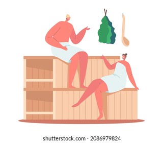 Sauna Spa Water Procedure. Relaxation, Body Care Therapy, Couple of Man and Woman Wrapped in Towels Sitting on Wooden Bench in Steam Room in Bath, People Wellness, Hygiene. Cartoon Vector Illustration
