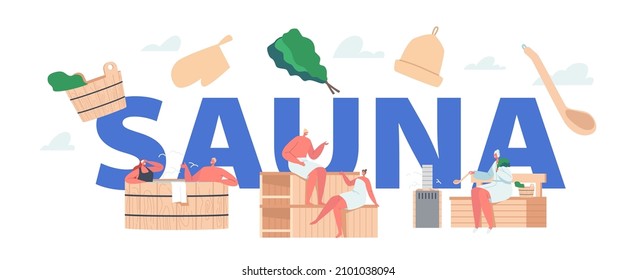 Concepto de procedimientos de agua de sauna y balneario. Relajación de personajes, Terapia de Cuidados Corporales, Pareja en Baño de Madera, Gente sentada en el banco en sala de vapor, Afiche de Higiene, Cartel o Volante. Ilustración del vector de dibujos animados