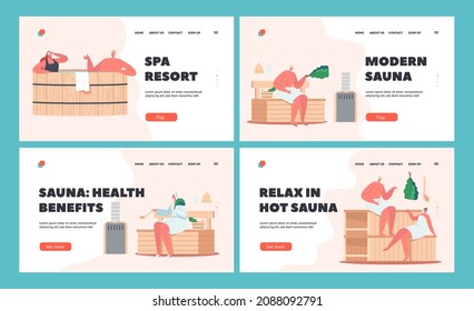 Sauna and Spa Water Procedures Landing Page Template Set. Relaxation, Body Care, People Wooden Bath, Sit on Bench in Steam Room, Wellness, Hygiene, Relax, Healthcare. Cartoon Vector Illustration