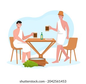 Sauna and Spa Water Procedures. Men sitting at wooden table in sauna and drinking soft drinks. Bath broom for massage. Friends relax. Cartoon flat vector illustration isolated on white background