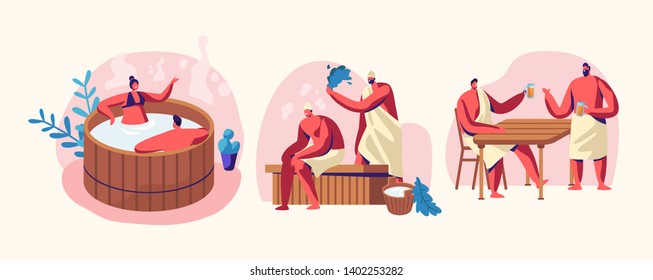 Sauna And Spa Water Procedures. Relaxation, Body Care Therapy, Couple In Wooden Bath, Men Sitting On Bench In Steam Room With Broom, Drinking Bear. Wellness, Hygiene, Cartoon Flat Vector Illustration