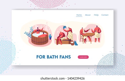 Sauna and Spa Water Procedures. Relaxation, Body Care Therapy, Couple in Wooden Bath, Men Steaming with Broom, Drinking Bear. Website Landing Page, Web Page. Cartoon Flat Vector Illustration, Banner