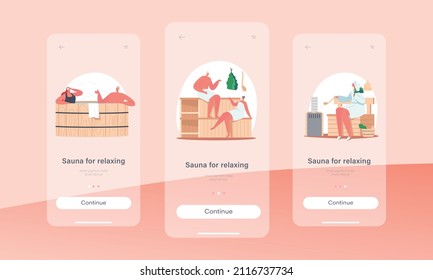 Sauna and Spa Water Procedures, Relaxation Mobile App Page Onboard Screen Template. Body Care Therapy, People Sit on Bench and Wooden Bath, Wellness, Relax Concept. Cartoon People Vector Illustration