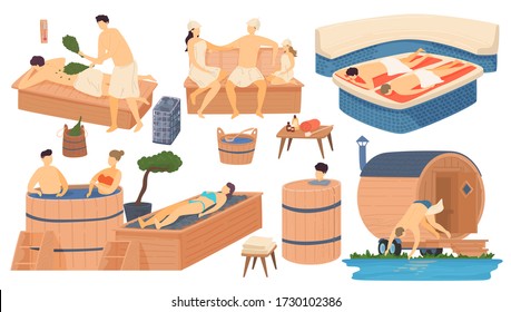 Sauna and spa wooden bathhouse, people in japanese, russian, turkish bather, steam house relax and leisure isolated set cartoon vector illustration. Spa and sauna body procedure. Steam bathing people.