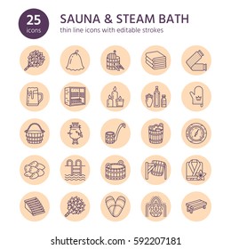 Sauna, steam bath line icons. Bathroom equipment birch, oak birch, bucket. Hammam, japanese, finnish, russian, infrared sauna sign. Spa relaxation accessories bathrobe, essential oils thin linear sign