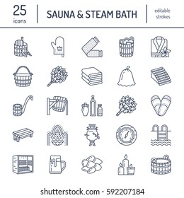 Sauna, steam bath line icons. Bathroom equipment birch, oak birch, bucket. Hammam, japanese, finnish, russian, infrared sauna sign. Spa relaxation accessories bathrobe, essential oils thin linear sign