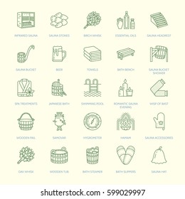 Sauna, steam bath line icons. Bathroom equipment birch, oak birch, bucket. Hammam, japanese, finnish, russian, infrared sauna sign Spa relaxation accessories bathrobe, essential oils thin linear sign