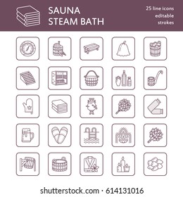 Sauna, steam bath line icons. Bathroom equipment birch, oak birch, bucket. Hammam, japanese, finnish, russian, infrared sauna sign. Spa relaxation accessories bathrobe, essential oils thin linear sign