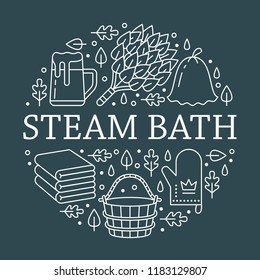 Sauna, steam bath room banner illustration with flat line icons. Bathroom equipment birch, oak broom, bucket, beer. Finnish, russian banya. Circle template thin linear signs spa poster.