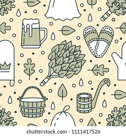 Sauna, steam bath room seamless pattern with line icons. Bathroom equipment birch, oak broom, bucket, beer, glove. Finnish, russian banya. Health care green yellow background for spa center.