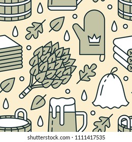 Sauna, steam bath room seamless pattern with line icons. Bathroom equipment birch, oak broom, bucket, beer. Finnish, russian banya. Health care background for spa center.