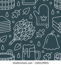 Sauna, steam bath room seamless pattern with line icons. Bathroom equipment birch, oak broom, bucket, beer. Finnish, russian banya. Health care background for spa center.