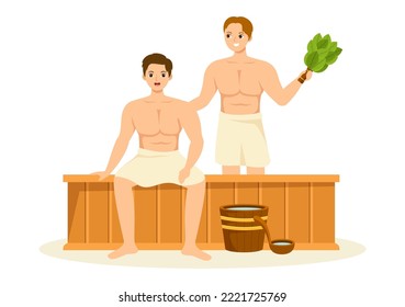 Sauna and Steam Room with People Relax, Washing Their Bodies, Steam or Enjoying Time in Flat Cartoon Hand Drawn Templates Illustration