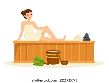 Sauna and Steam Room with People Relax, Washing Their Bodies, Steam or Enjoying Time in Flat Cartoon Hand Drawn Templates Illustration