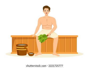 Sauna and Steam Room with People Relax, Washing Their Bodies, Steam or Enjoying Time in Flat Cartoon Hand Drawn Templates Illustration