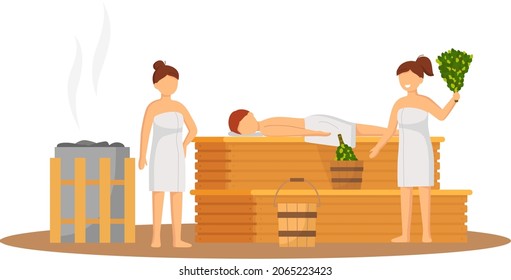 Sauna and steam room. Set of people in sauna. People relax and steam with birch brooms in traditional russian stove for female and male. Finnish bathhouse. Public sauna, Friends in spa resort