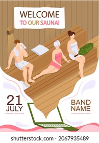 Sauna and steam room. Set of people in sauna. People relax and steam with birch brooms in traditional russian stove for female and male. Finnish bathhouse. Public sauna, Friends in spa resort