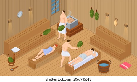 Sauna and steam room. Set of people in sauna. People relax and steam with birch brooms in traditional russian stove for female and male. Finnish bathhouse. Public sauna, Friends in spa resort