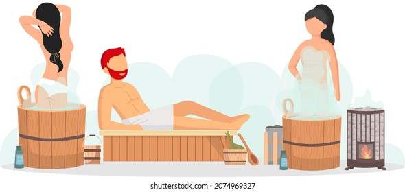 Sauna and steam room. Set of people in sauna. People relax and steam with birch brooms in traditional russian stove for female and male. Finnish bathhouse. Public sauna, Friends in spa resort