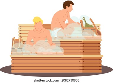 Sauna and steam room. Set of people in sauna. People relax and steam with birch brooms in traditional russian stove for female and male. Finnish bathhouse. Public sauna, Friends in spa resort