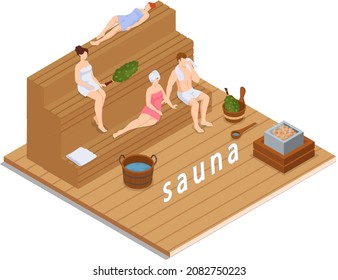 Sauna and steam room. Set of people in sauna. People relax and steam with birch brooms in traditional russian stove for female and male. Finnish bathhouse. Public sauna, Friends in spa resort