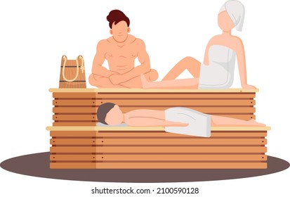 Sauna and steam room. Set of people in sauna. People relax and steam with birch brooms in traditional russian stove for female and male. Finnish bathhouse. Public sauna, Friends in spa resort