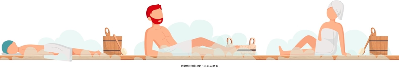 Sauna and steam room. Set of people in sauna. People relax and steam with birch brooms in traditional russian stove for female and male. Finnish bathhouse. Public sauna, Friends in spa resort