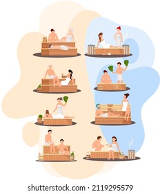 Sauna and steam room. Set of people in sauna. People relax and steam with birch brooms in traditional russian stove for female and male. Finnish bathhouse. Public sauna, Friends in spa resort