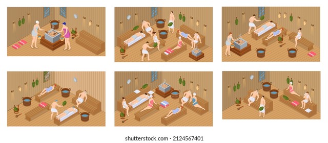 Sauna and steam room. Set of people in sauna. People relax and steam with birch brooms in traditional russian stove for female and male. Finnish bathhouse. Public sauna, Friends in spa resort