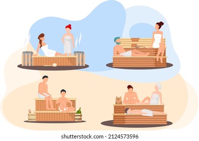 Sauna and steam room. Set of people in sauna. People relax and steam with birch brooms in traditional russian stove for female and male. Finnish bathhouse. Public sauna, Friends in spa resort