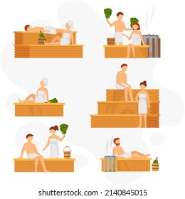Sauna and steam room. Set of people in sauna. People relax and steam with birch brooms in traditional russian stove for female and male. Finnish bathhouse. Public sauna, Friends in spa resort