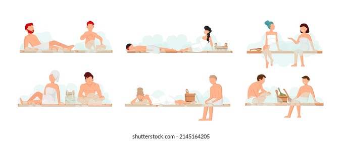 Sauna and steam room. Set of people in sauna. People relax and steam with birch brooms in traditional russian stove for female and male. Finnish bathhouse. Public sauna, Friends in spa resort