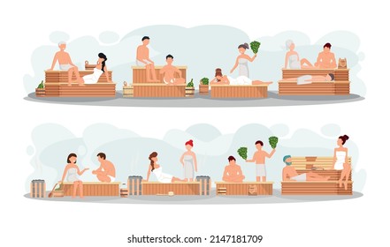 Sauna and steam room. Set of people in sauna. People relax and steam with birch brooms in traditional russian stove for female and male. Finnish bathhouse. Public sauna, Friends in spa resort