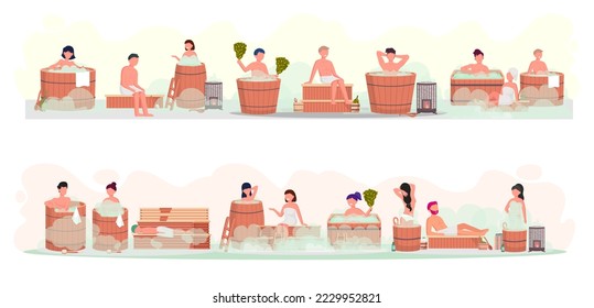 Sauna and steam room. Set of people in sauna. People relax and steam with birch brooms in traditional russian stove for female and male. Finnish bathhouse. Public sauna, Friends in spa resort