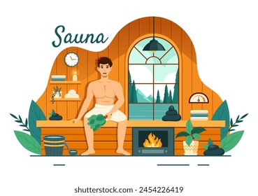 Sauna and Steam Room Vector Illustration with People Relax, Washing Their Bodies or Enjoying Time in Flat Cartoon Background Design