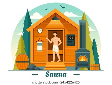 Sauna y Ilustración vectorial de baño de vapor con Personas Relájese, lavando sus cuerpos o disfrutando del tiempo en diseño plano de fondo de dibujos animados