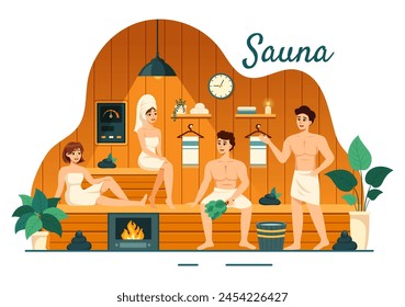 Sauna und Dampfbad Vektorillustration mit Menschen Entspannen, Körperwäsche oder Zeit genießen im flachen Cartoon Hintergrund Design