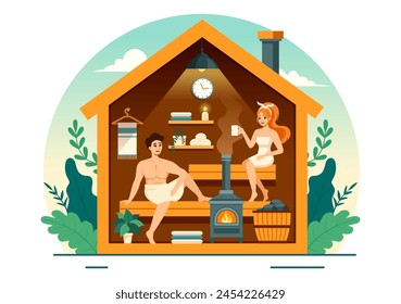 Sauna and Steam Room Vector Illustration with People Relax, Washing Their Bodies or Enjoying Time in Flat Cartoon Background Design