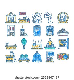 sauna steam spa health doodle icons set vector. sketch line art room accessories, relax heater, stone luxury, towel stroke, candle thermal, bath sauna steam spa health color illustrations