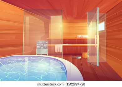 Sauna with swimming pool and glass doors. Empty interior design of wooden bathhouse room with shelves, hot stones, towels, scoop and bucket Place for hygiene and relaxation Cartoon vector illustration