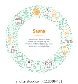 Sauna Thin Line Banner Card Circle Include of Spa, Towel, Candle, Aromatherapy, Steam and Tea. Vector illustration