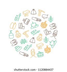 Sauna Thin Line Round Design Template Include of Spa, Towel, Candle, Aromatherapy, Steam and Tea. Vector illustration