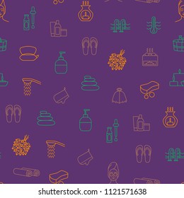 Sauna Thin Line Seamless Pattern Background Include of Spa, Towel, Candle, Aromatherapy, Steam and Tea. Vector illustration