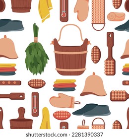 Sauna tools and items vector cartoon seamless pattern background for wallpaper, wrapping, packing, and backdrop.