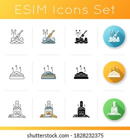 Sauna types icons set. Linear, black and RGB color styles. Different bathhouses. Wood burning, dry heat and wet sauna. Finnish baths and russian banya. Isolated vector illustrations