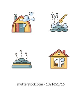Sauna types RGB color icons set. Different bathhouses. Steam bath, dry heat, indoor and outdoor saunas. Finnish and russian baths. Isolated vector illustrations