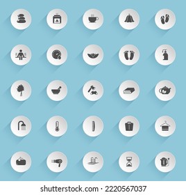 Sauna Vektorsymbole auf runden, puffigen Papierkreisen mit transparentem Hintergrund. Vektorsymbole für Sauna-Stock-Modelle für Web-, Mobil- und Benutzeroberfläche