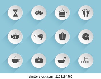 sauna vector icons on round puffy paper circles with transparent shadows on blue background. sauna stock vector icons for web, mobile and user interface design