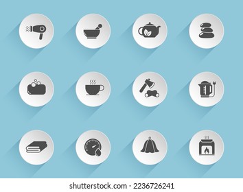 sauna vector icons on round puffy paper circles with transparent shadows on blue background. sauna stock vector icons for web, mobile and user interface design