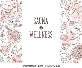 Sauna and wellness. Sauna accessories sketches in vertical line composition. Hand drawn spa items collection. Doodle sauna objects isolated on white background.